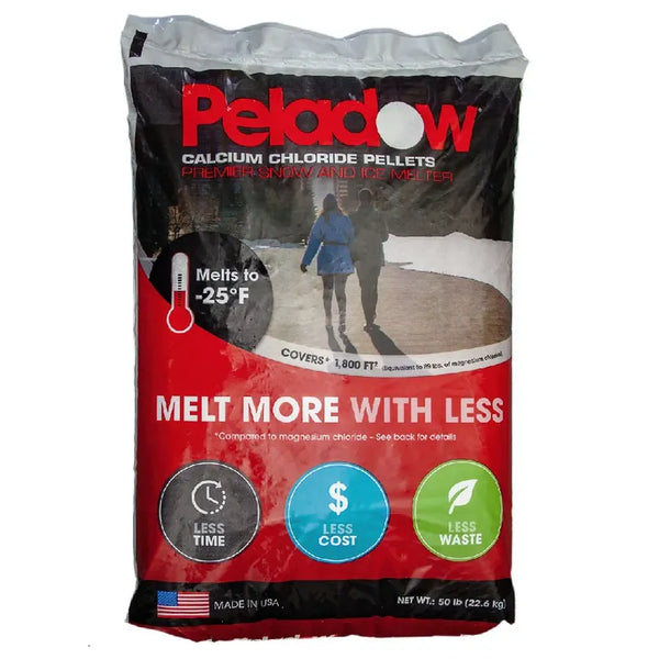 A 50 lb bag of Peladow Calcium Chloride Pellets, designed for melting snow and ice. The packaging is black, red, and white, featuring the Peladow brand logo in red at the top, a graphic of a couple walking through snow, and three circular icons at the bottom highlighting benefits like less time, less cost, and less waste.